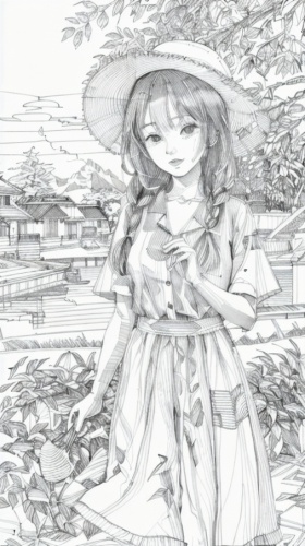 country dress,girl picking flowers,parasol,girl in the garden,little girl in wind,countrygirl,yamada's rice fields,girl on the river,farm background,japanese sakura background,spring background,springtime background,straw hat,in the early summer,girl drawing,pencil and paper,hand-drawn illustration,sakura background,picking flowers,girl in flowers