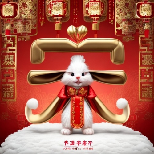 /Positive view,a super super cute anthropomorphic snow-white rabbit cub in red chinese New Year costume,fireworks in the air,full body,standing,Holding a big red red envelope,symmetrical ears,Beautifu