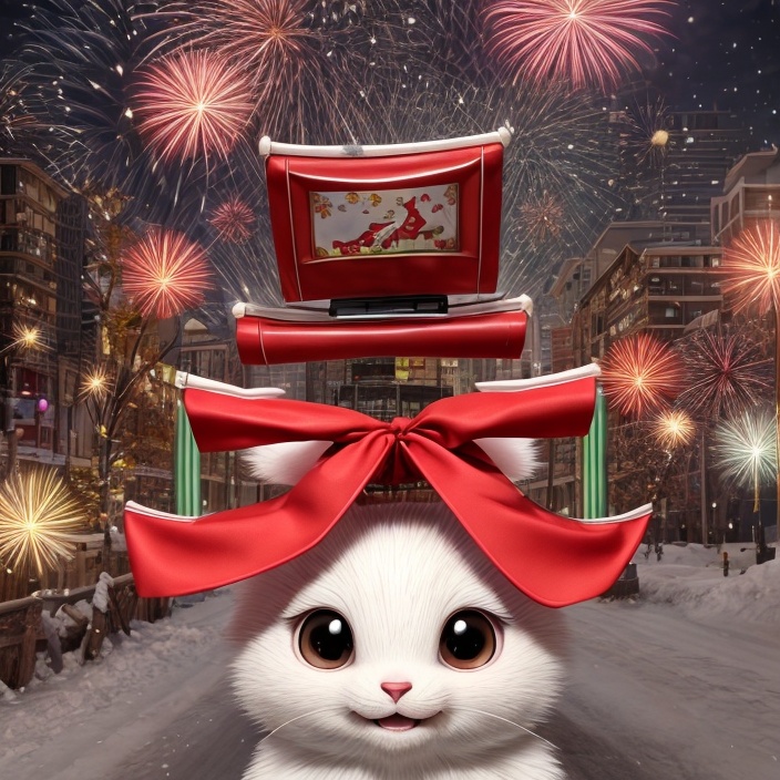 
/Positive view,a super super cute
anthropomorphic snow-white rabbit cub in red chinese New Year costume,fireworks in the air,full body,standing,Holding a big red red envelope,symmetrical ears,Beautif