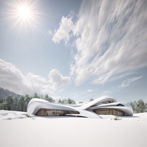 metabolic architecture villa in the mountains designed by Zaha Hadid, continuous white surface with exposed seams, volumetric caustic lighting, photorealistic render, soft reflections, HQ,snow roof,sn