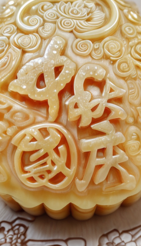 圆形月饼，桂花装饰，玉石质感，晶莹剔透，高档彩色冰皮月饼，细腻，丝滑，渐变透明玻璃质感，雕花，精致雕刻花纹 半透明材质，精美中式雕花，细腻，有食欲，精致，柔和的背景，和谐的色彩搭配，自然启发的新艺术风格，以古代中国艺术为灵感，特写镜头，光亮质感，虚化小景深，写实且细节的渲染处理彩色月饼，16K，高清晰,moon cake,mooncake,mandarin cake,mooncakes,moonc