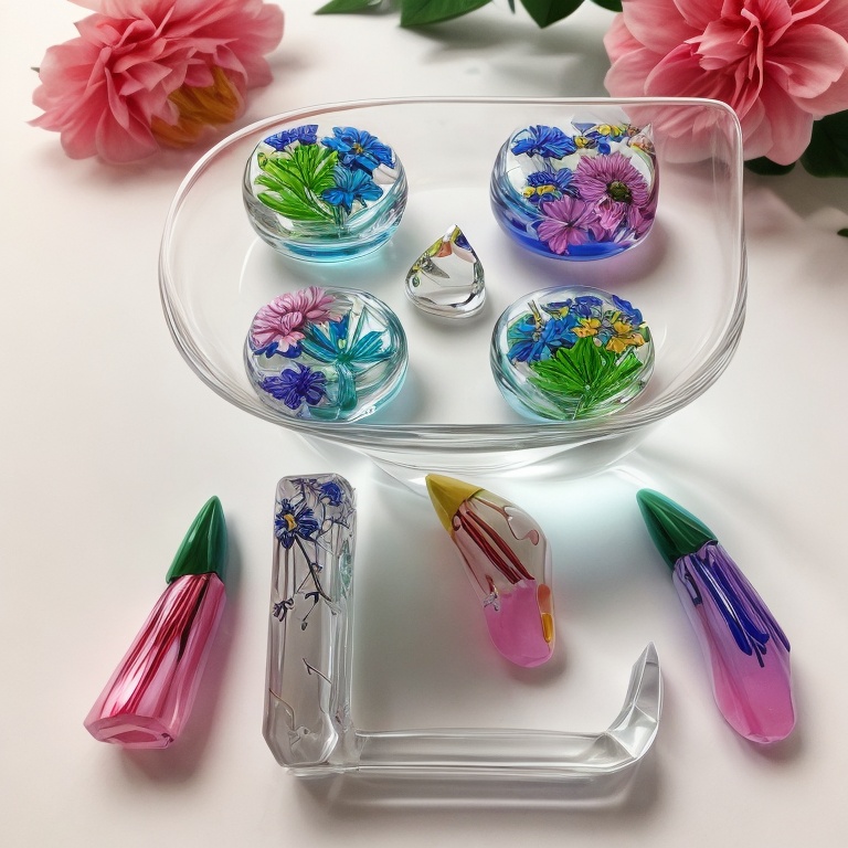  玻璃与花由花制成，在优雅的书法风格，极简主义阶段设计，32KUHD,oshare kei,dau al set,letras y figuras，可爱和梦幻般的-ar 107:98，五彩斑斓,glass items,watercolor women accessory,writing accessories,fused glass,watercolor tea set,colorful glas