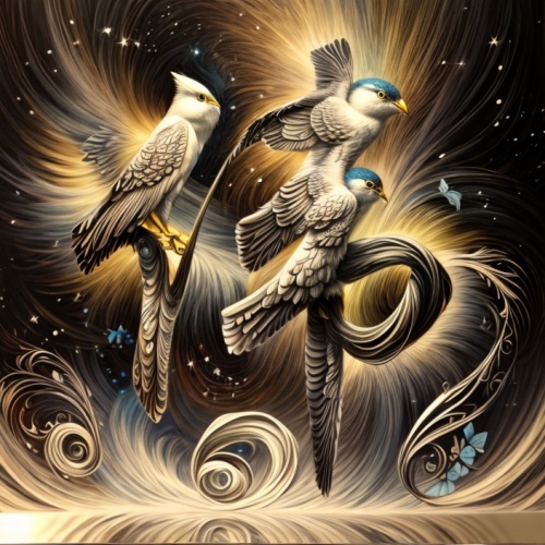 bird painting,songbirds,ornithology,bird couple,ornamental bird,silver seagull,doves of peace,gold foil art,constellation swan,birds gold,feathers bird,sea birds,the zodiac sign pisces,wild birds,indi