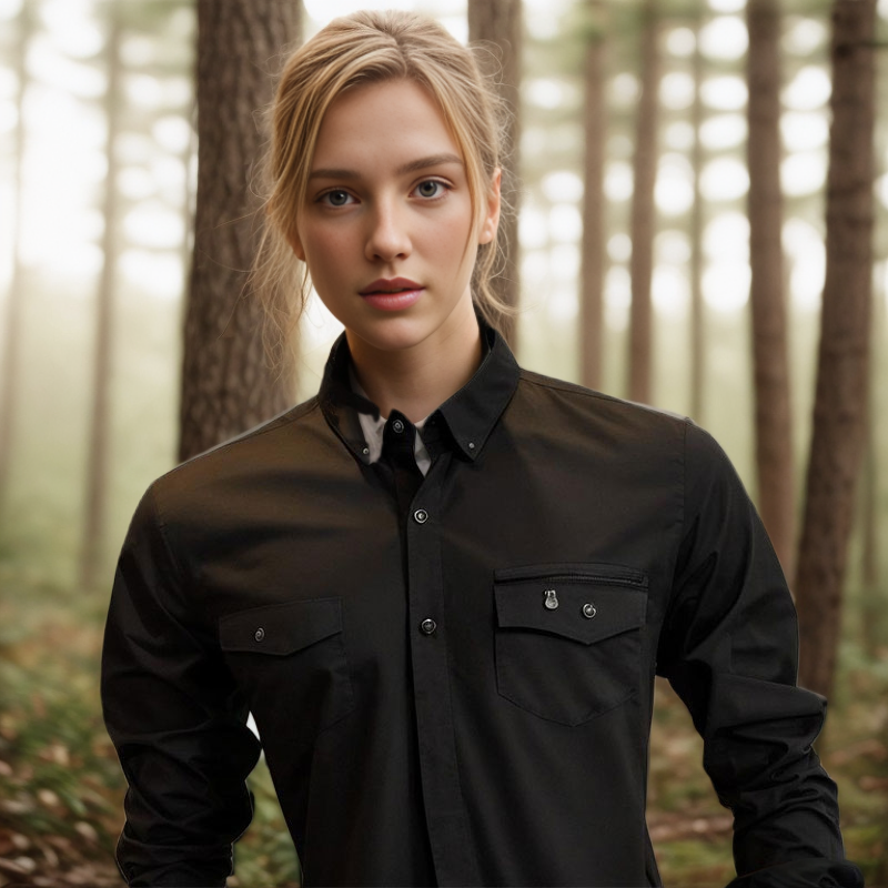 bolero jacket,polo shirt,menswear for women,polo shirts,in a shirt,female model,dress shirt,jacket,advertising clothes,long-sleeved t-shirt,woman in menswear,dress walk black,a uniform,black coat,wind
