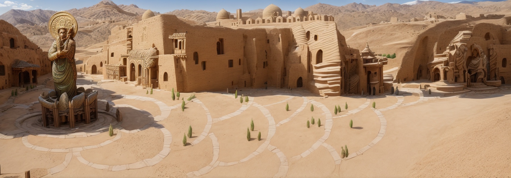 主雕塑下是流水喷泉，加入植物点缀,desert landscape,desert desert landscape,desert background,desert,the desert,desert plants,stone desert,desert plant,flowerful desert,capture desert,desert flower,petra,desert planet,