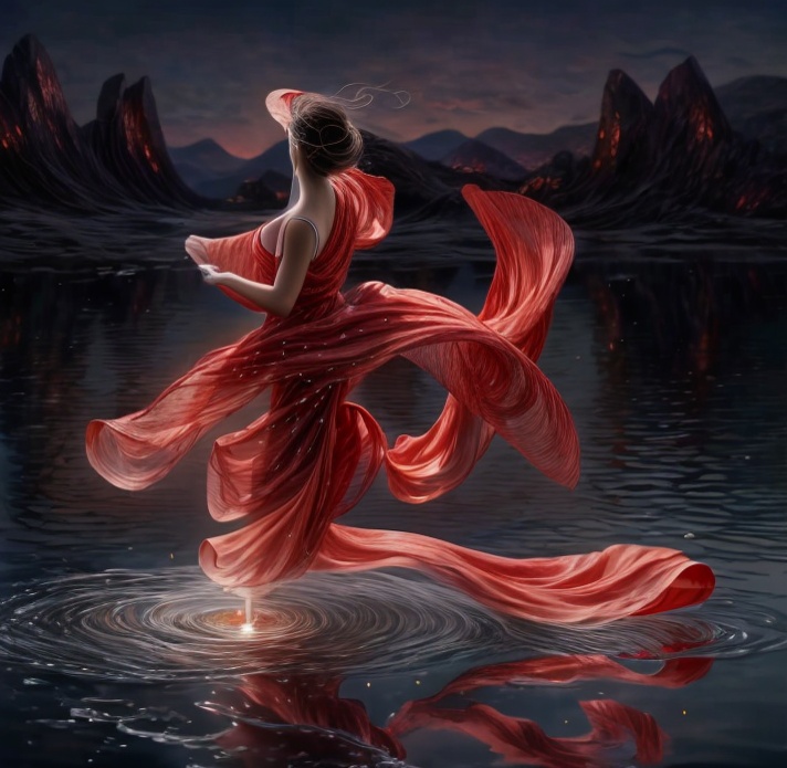 flamenco,red cape,girl in a long dress,fantasy picture,water rose,rusalka,the wind from the sea,red gown,scarlet sail,siren,fantasy art,mystical portrait of a girl,fantasia,whirling,gracefulness,flowi