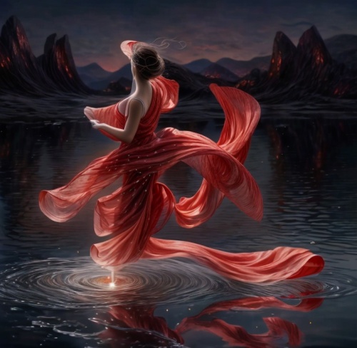 flamenco,red cape,girl in a long dress,fantasy picture,water rose,rusalka,the wind from the sea,red gown,scarlet sail,siren,fantasy art,mystical portrait of a girl,fantasia,whirling,gracefulness,flowi