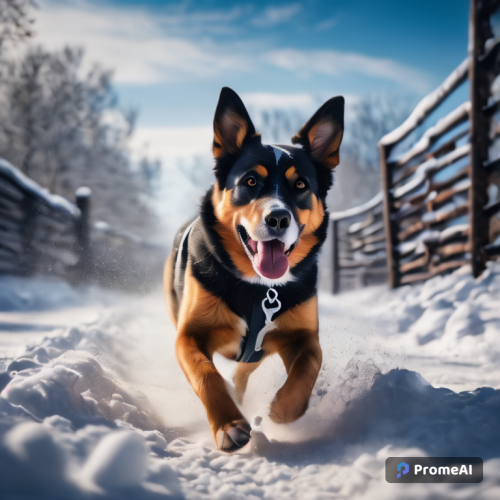 a dog run in snow