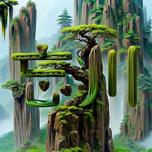 绿玉黄玉花真实明亮光滑,cartoon video game background,cartoon forest,mushroom landscape,tigers nest,bonsai,bonsai tree,tree tops,mushroom island,forest landscape,green waterfall,landscape background,fantasy lands