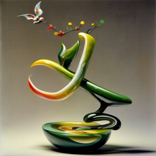 颜色鲜艳靓丽，融合真实，3D立体,ikebana,glass painting,equilibrist,tendril,vase,flying snake,chinese art,dna helix,oil painting on canvas,surrealism,equilibrium,an ornamental bird,flying seed,decorative art,whirling
